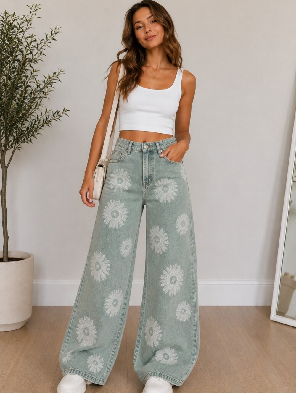 Size 10 Floral Daisy Print Wide Leg Jeans Green Denim Pants Boho Y2K